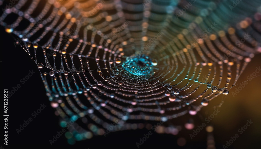 Poster Spider web glistens with dew drops in close up macro shot generated by AI