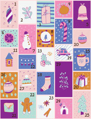 Advent calendar Bright Christmas. Winter holidays. Christmas attributes. Christmas banner. Vector illustration.