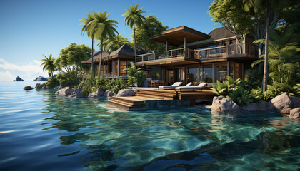 Fototapeta na wymiar Idyllic tropical landscape, palm trees, luxury bungalow, relaxation by swimming pool generated by AI
