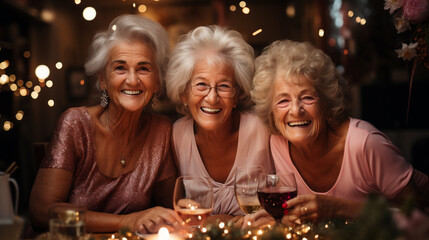Obraz na płótnie Canvas 80 year old happy old friends celebrating Christmas at home
