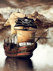 Pirate ship sailing near a mountaneous island. 3d render.
