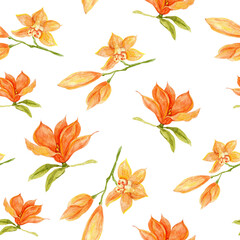 Watercolor seamless pattern with tropical orange magnolia and orchid flowers on a white background. Print for fabric spring yellow flowers