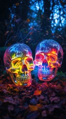 Obraz na płótnie Canvas Holographic translucent skulls in the forest