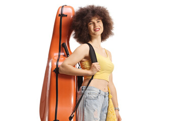 Young female musician with a cello case on her shoulder smiling at camera © Ljupco Smokovski