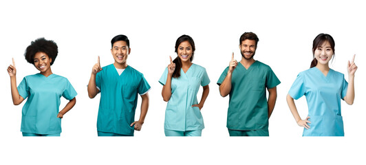 Different team medic workers in uniform scrub, lab coat, gown ,smiling and pointing on transparent background.