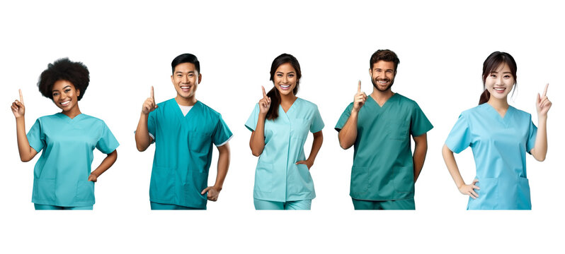 Different team medic workers in uniform scrub, lab coat, gown ,smiling and pointing on transparent background.