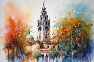 Watercolor drawing of the Giralda of Seville. Generative AI.