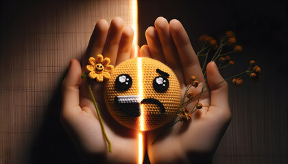 two hands holding crochet emojis. The left hand holds a smiling emoji with bright eyes and a wide grin, symbolizing joy, and is illuminated with warm, soft light