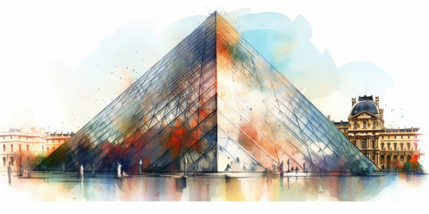 Watercolor drawing of the glass pyramid of the Louvre museum. Generative AI.