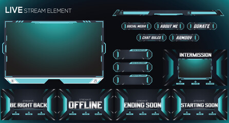 Live Gaming twitch stream light blue neon set of overlay, facecam, panel and background element design - obrazy, fototapety, plakaty