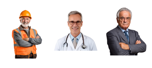 Set of collection senior doctor ,engineer , business on transparent background.