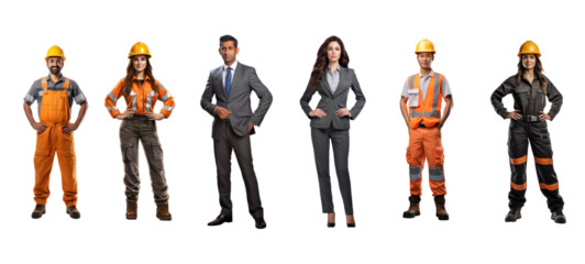 Executives and Professional team in helmet smiling, isolated on transparent background.