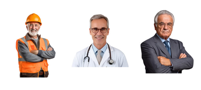 Set of collection senior doctor ,engineer , business on transparent background.