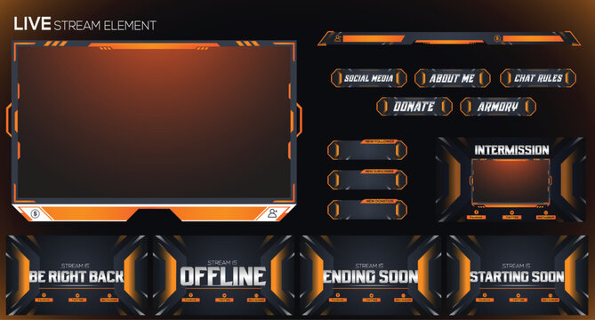 Live Gaming twitch stream orange abstract neon set of overlay, facecam, panel and background element design