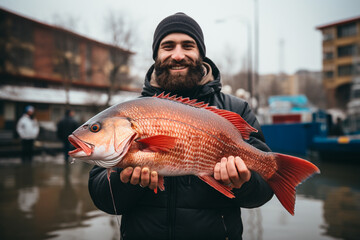 Fisherman Poses with a Large Catch of Big Fish in His Armsfishing