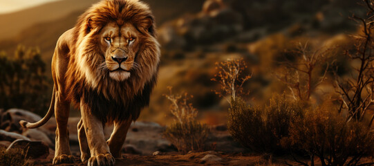 Majestic Lion in African Savannah at Golden Hour - obrazy, fototapety, plakaty
