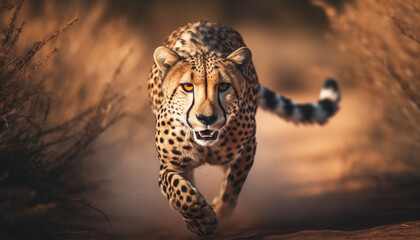 Majestic African cheetah, spotted fur, speed through wilderness at dusk generated by AI