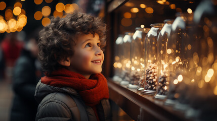 Portrait of a boy looking and dreaming near the Christmas shop window at a traditional Christmas market. The concept of celebrating Christmas in childhood. Generative AI