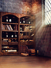 Fantasy scene with a bookshelf with scrolls, books, potions and magic items. 3D render.