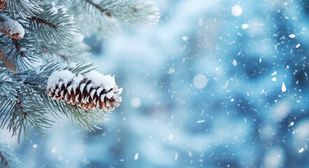 Fototapeta na wymiar Falling snowflakes, fir tree and Bokeh with white snow on a blue background.