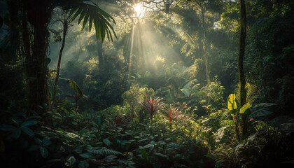 Tranquil scene in the tropical rainforest, lush growth and freshness generated by AI