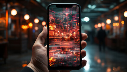A businessman holding a smart phone, photographing cityscape at night generated by AI