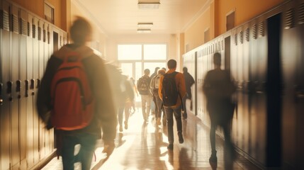 School busy hallway with students in blurred motion