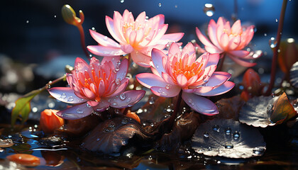 A vibrant pink lotus blossom reflects in a tranquil pond generated by AI