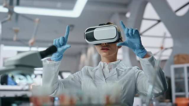 Glasses scientist using virtual reality working at science in laboratory closeup