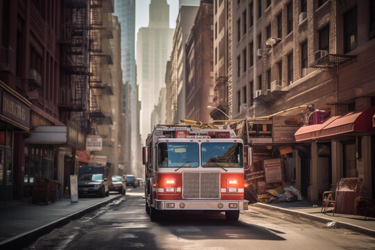 Fire Truck in New york. Firefighters Rescue after Fire Alarm went off at building. Firemen at apartment fire. Accodent on Street in NYC, firefighters and extinguish fire, Ai Generative illustration.