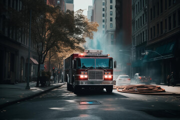Fire Truck in New york. Firefighters Rescue after Fire Alarm went off at building. Firemen at apartment fire. Accodent on Street in NYC, firefighters and extinguish fire, Ai Generative illustration. - obrazy, fototapety, plakaty