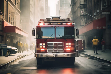 Fire Truck in New york. Firefighters Rescue after Fire Alarm went off at building. Firemen at apartment fire. Accodent on Street in NYC, firefighters and extinguish fire, Ai Generative illustration. - obrazy, fototapety, plakaty