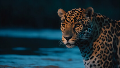 Majestic bengal tiger staring, striped fur pattern in tropical rainforest generated by AI