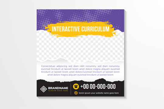 interactive curriculum banner design vector, space photo college, social media cover post vector design , flyer template for any other site. dot halftone pattern and torn paper element.