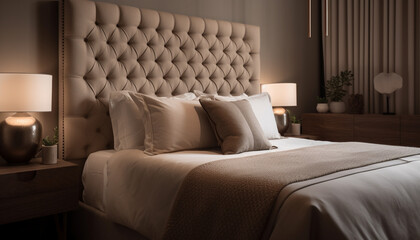 Modern luxury bedroom with elegant decor and comfortable bedding inside generated by AI