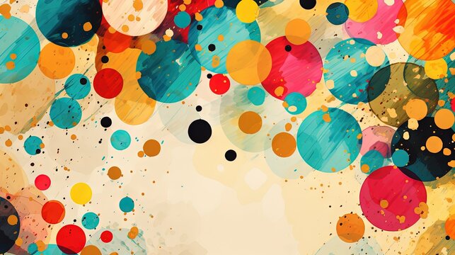 Pois multicolores et dorés, terrazzo, doodle, tampons et superpositions numériques florales, rayé, palette de couleurs audacieuses, emblématique, géométrique. IA générative, IA