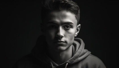 Confident young man exudes elegance in monochrome headshot portrait generated by AI