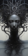 The woman amidst the cold, dark vines gazes impassively, dominated by deep shades.Generative Ai
