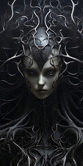 The woman amidst the cold, dark vines gazes impassively, dominated by deep shades.Generative Ai