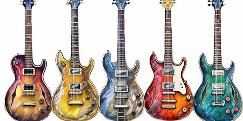 Watercolor drawing of electric guitars on display. Generative AI.