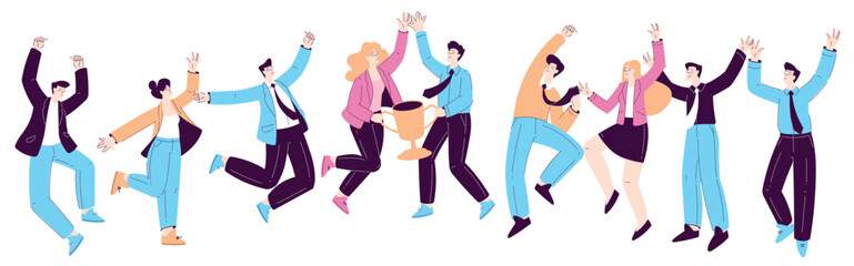 Happy Office Man and Woman Character Rejoicing and Cheering Celebrate Achievement Vector Set