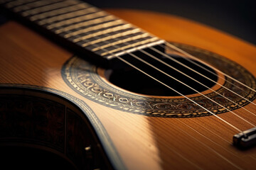 Obraz premium Close-up of a classical guitar. Generative AI.