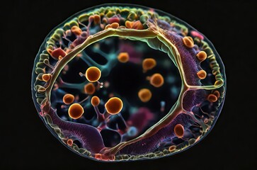 Microscopic cell close-up with black background, cellular biology, tumor cells. Scientific and medical research concept.