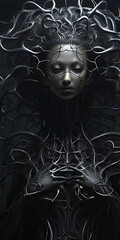 The woman in the middle of the cold, dark vines stares emotionlessly, dominated by deep shadows. Generative Ai