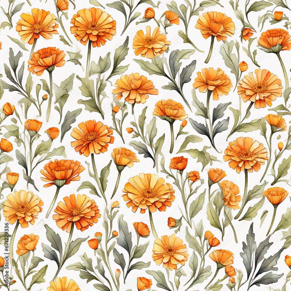 Wall mural seamless pattern with calendula flowers. watercolor illustration