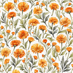 Seamless pattern with calendula flowers. Watercolor illustration