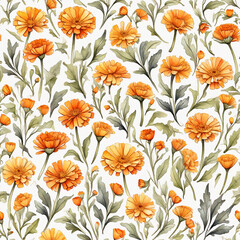 Seamless pattern with calendula flowers. Watercolor illustration