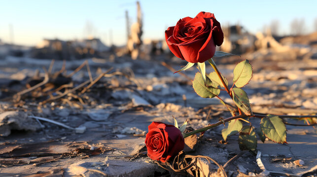 Red Roses amids ruins, generative ai