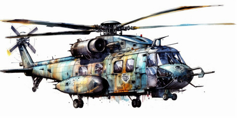 Watercolor drawing of combat helicopters. Generative AI.