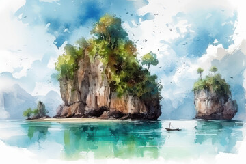 Fototapeta premium Watercolor drawing of Koh hong beach in Thailand. Generative AI.
